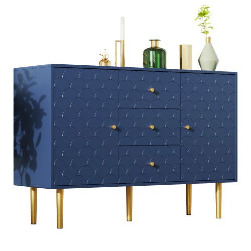 Buffet 120x40x83 Cm, 2 Portes Et 3 Tiroirs, Pieds En Métal, Bleu Marine
