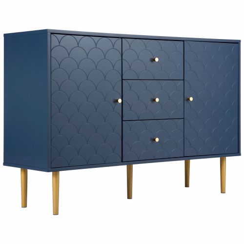 Buffet 120x40x83 Cm, 2 Portes Et 3 Tiroirs, Pieds En Métal, Bleu Marine