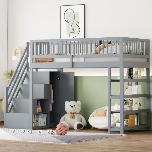 Lit Mezzanine 90x200 Cm, Avec Armoire Et Étagères, Avec Lattes, En Bois, Gris