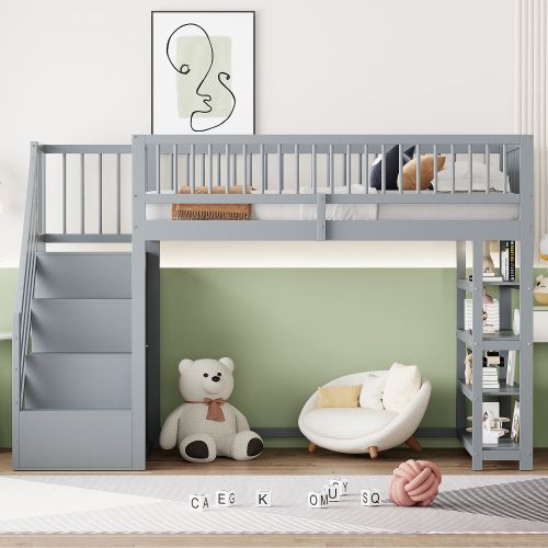 Lit Mezzanine 90x200 Cm, Avec Armoire Et Étagères, Avec Lattes, En Bois, Gris