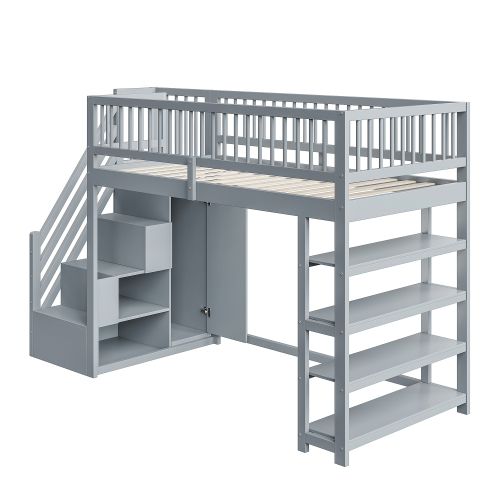 Lit Mezzanine 90x200 Cm, Avec Armoire Et Étagères, Avec Lattes, En Bois, Gris