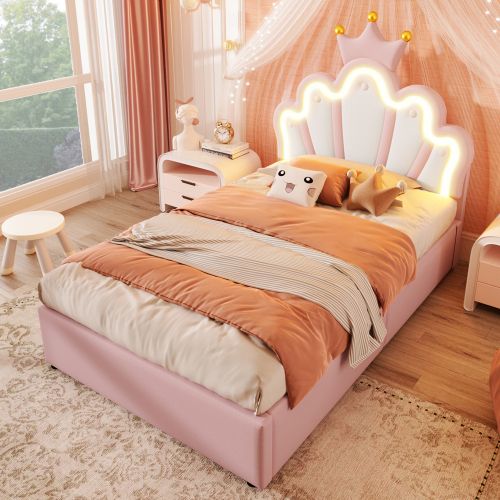 Lit Coffre Enfant 90x200 Cm, Tête De Lit Réglable Et Bande LED, En Pu, Rose