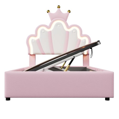 Lit Coffre Enfant 90x200 Cm, Tête De Lit Réglable Et Bande LED, En Pu, Rose