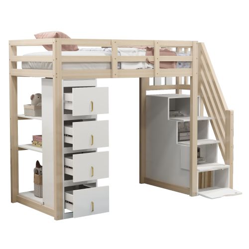 Lit Mezzanine 90x200 Cm, Rangement 4 Tiroirs Et Étagères, Avec Sommier à Lattes, En Bois, Naturel