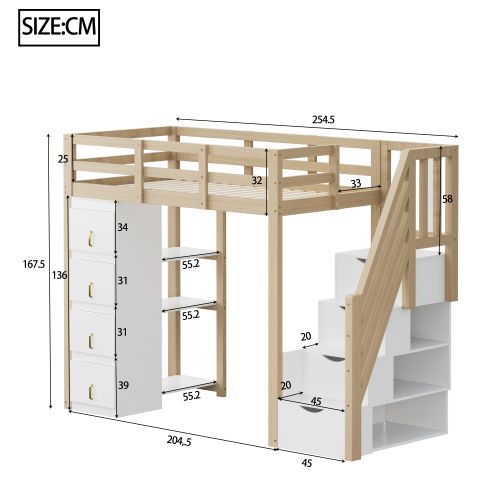 Lit Mezzanine 90x200 Cm, Rangement 4 Tiroirs Et Étagères, Avec Sommier à Lattes, En Bois, Naturel