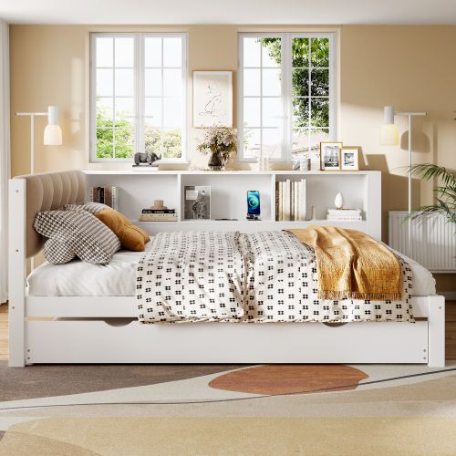 Lit Adulte 140x200 Cm Avec Lit Gigogne 90x190 Cm Et Étagères Latérales, En Bois, Blanc