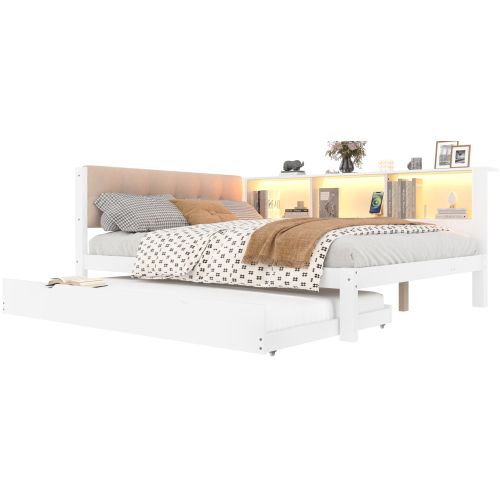 Lit Adulte 140x200 Cm Avec Lit Gigogne 90x190 Cm Et Étagères Latérales, En Bois, Blanc