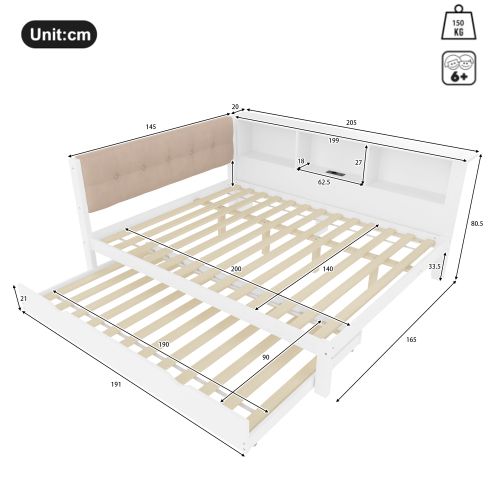 Lit Adulte 140x200 Cm Avec Lit Gigogne 90x190 Cm Et Étagères Latérales, En Bois, Blanc