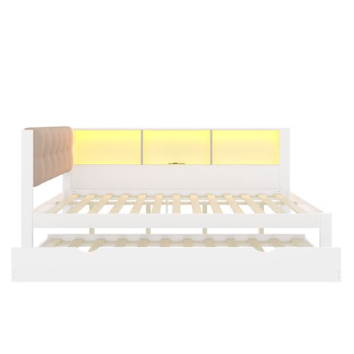 Lit Adulte 140x200 Cm Avec Lit Gigogne 90x190 Cm Et Étagères Latérales, En Bois, Blanc