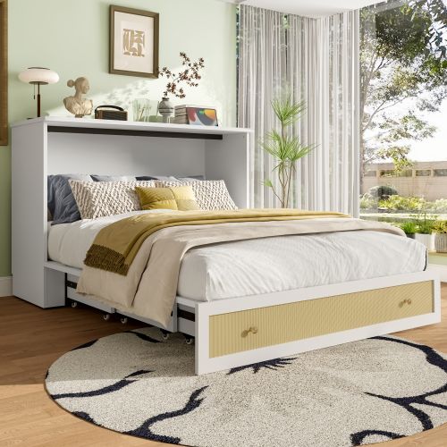 Lit Escamotable 140x200 Cm, Lit Adulte, Transformable En Armoire Et Avec Tiroir, En Bois, Blanc