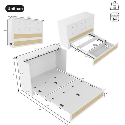 Lit Escamotable 140x200 Cm, Lit Adulte, Transformable En Armoire Et Avec Tiroir, En Bois, Blanc