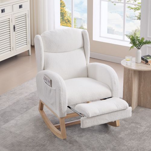 Fauteuil à Bascule Avec Dossier Haut, Repose-pieds Rétractable, Tissu Teddy, Pieds En Bois, Blanc