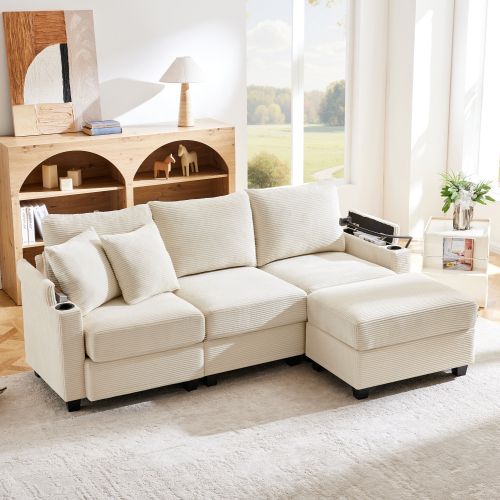 Canapé D’angle Convertible 3 Places Avec Pouf, Port USB Et 2 Coussins, Velours Côtelé Beige