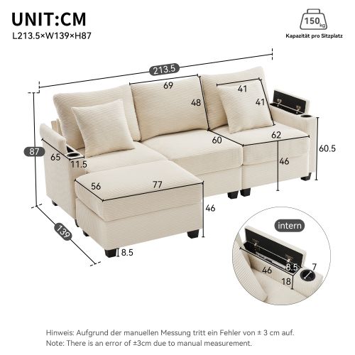 Canapé D’angle Convertible 3 Places Avec Pouf, Port USB Et 2 Coussins, Velours Côtelé Beige