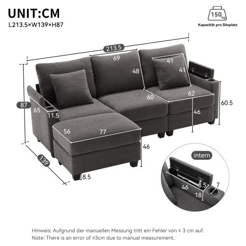 Canapé D’angle Convertible 3 Places En Velours Côtelé Gris Foncé Avec Pouf Et Port USB