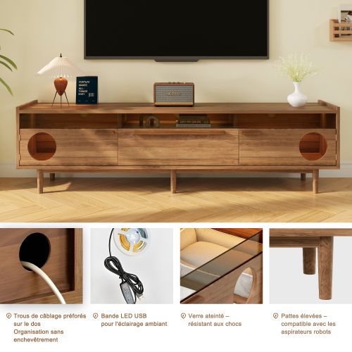 Meuble TV 180 Cm, Avec 2 Portes En Verre, 1 Tiroir, Avec LED, Couleur Bois