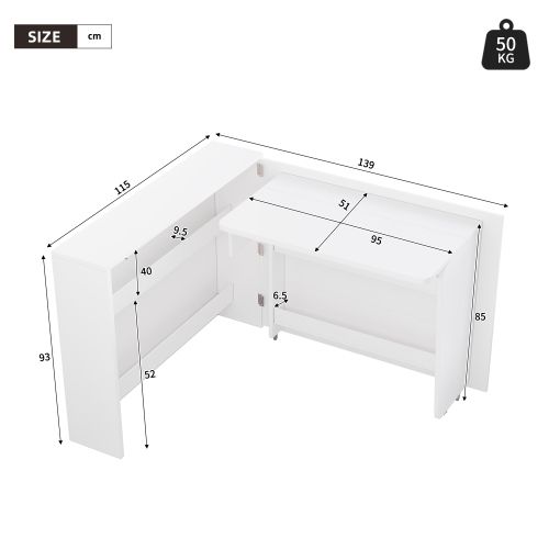Bureau Pliable 2-en-1 Avec Roulettes Et Chargeur Sans Fil, Laqué Blanc