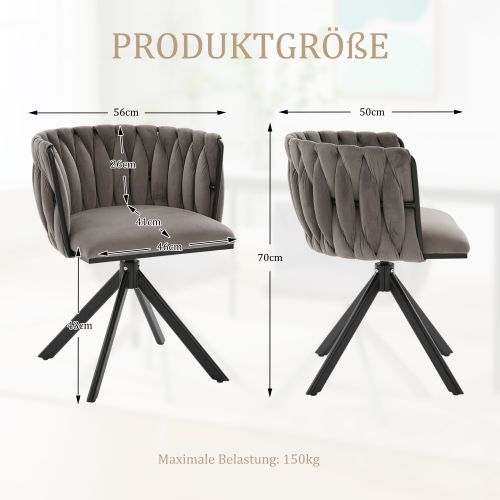 Lot De 2 Chaises Pivotantes En Velours, Piètement Métal Renforcé, Rotation 180°, Gris