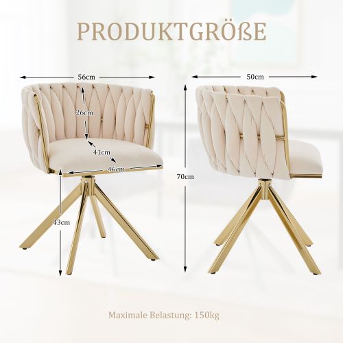 Lot De 2 Chaises Pivotantes En Velours, Rotation 180°, Piètement Métal, Charge 150 Kg, Ivoire