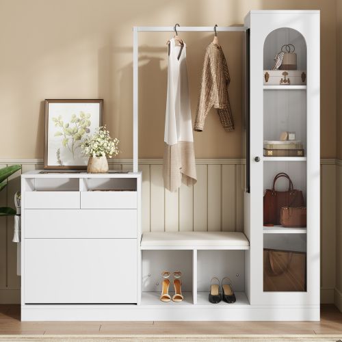 Vestiaire D’entrée Avec Miroir, Vitrine à LED, Armoire à Chaussures Escamotable, Tiroirs, Blanc