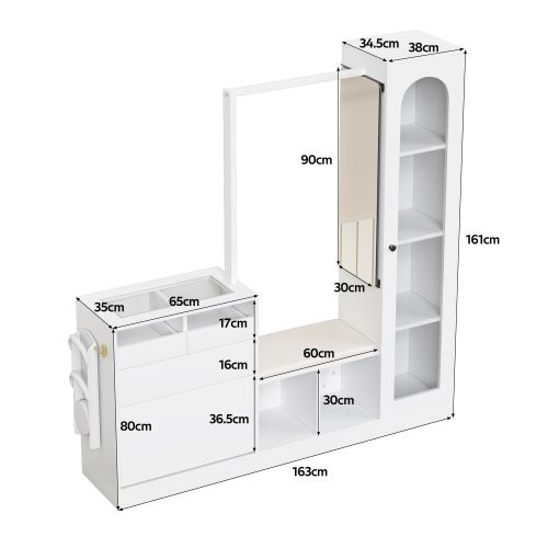 Vestiaire D’entrée Avec Miroir, Vitrine à LED, Armoire à Chaussures Escamotable, Tiroirs, Blanc