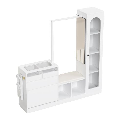 Vestiaire D’entrée Avec Miroir, Vitrine à LED, Armoire à Chaussures Escamotable, Tiroirs, Blanc