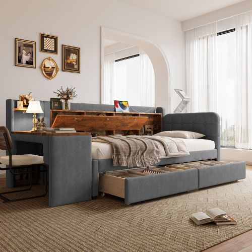 Lit Enfant 90x200 Cm Avec 2 Tiroirs Et Bureau Modulable, Avec Lattes, En Lin, Gris