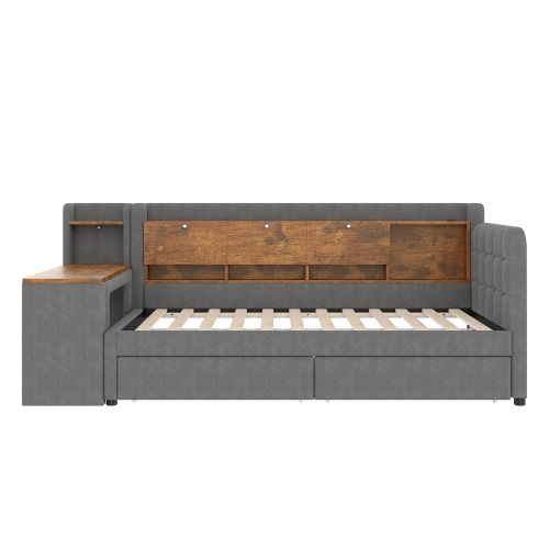 Lit Enfant 90x200 Cm Avec 2 Tiroirs Et Bureau Modulable, Avec Lattes, En Lin, Gris