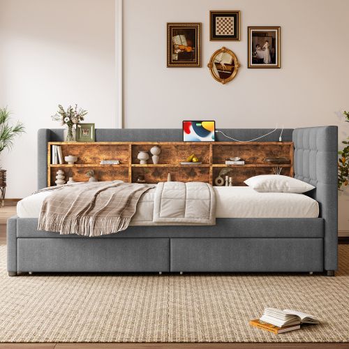 Lit Enfant 90x200 Cm, Avec Lattes Et 2 Tiroirs, Tête De Lit Avec Ports USB Et Type-c, En Lin, Gris