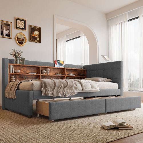 Lit Enfant 90x200 Cm, Avec Lattes Et 2 Tiroirs, Tête De Lit Avec Ports USB Et Type-c, En Lin, Gris