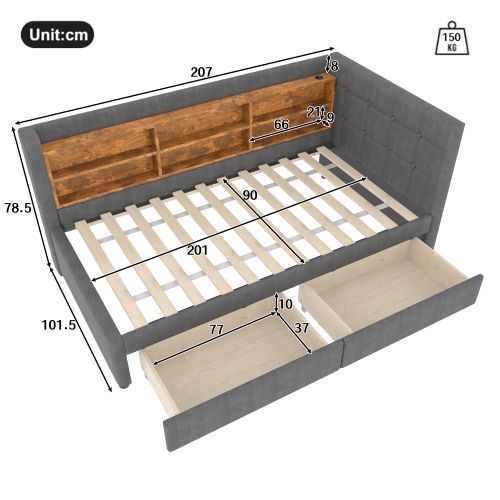 Lit Enfant 90x200 Cm, Avec Lattes Et 2 Tiroirs, Tête De Lit Avec Ports USB Et Type-c, En Lin, Gris