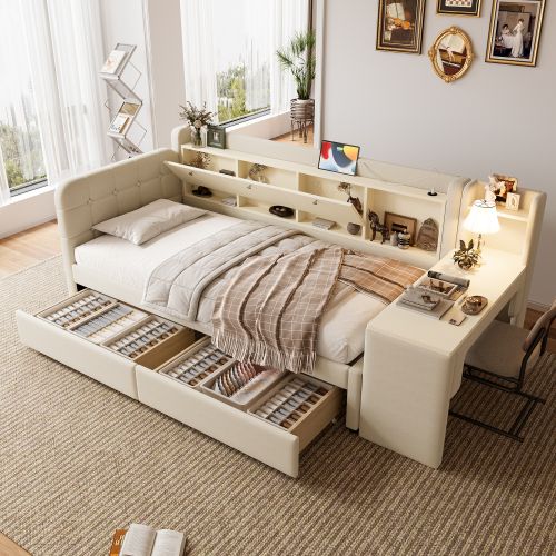 Lit Enfant 90x200 Cm Avec 2 Tiroirs Et Bureau Modulable, Avec Lattes, En Lin, Beige