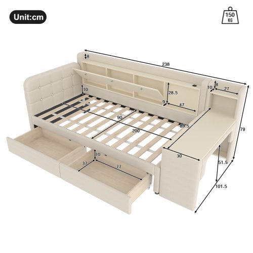 Lit Enfant 90x200 Cm Avec 2 Tiroirs Et Bureau Modulable, Avec Lattes, En Lin, Beige