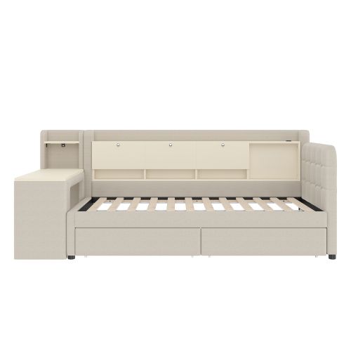 Lit Enfant 90x200 Cm Avec 2 Tiroirs Et Bureau Modulable, Avec Lattes, En Lin, Beige