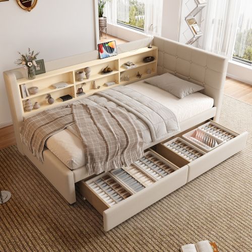 Lit Enfant 90x200 Cm, Avec 2 Tiroirs, Avec Tête De Lit Et Lattes, En Lin, Beige