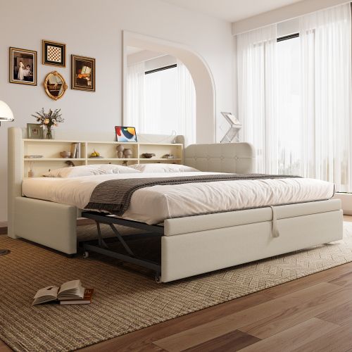 Lit Gigogne 90/180x200 Cm, Avec Sommier à Lattes Et Ports USB Et Type-c, En Lin, Beige