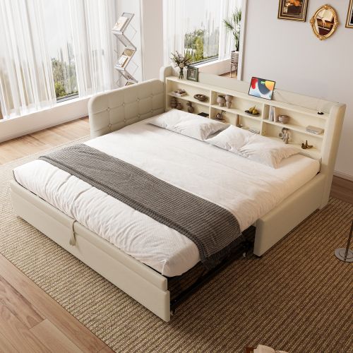 Lit Gigogne 90/180x200 Cm, Avec Sommier à Lattes Et Ports USB Et Type-c, En Lin, Beige