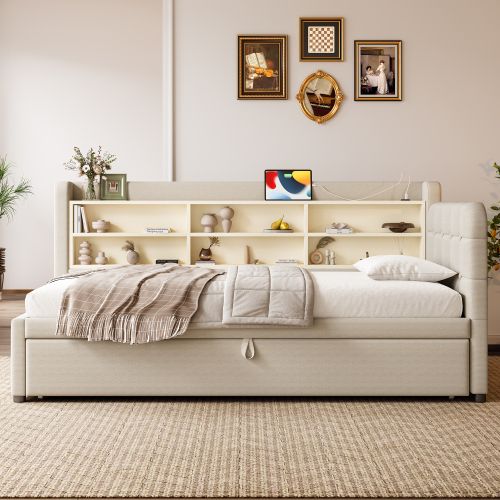 Lit Gigogne 90/180x200 Cm, Avec Sommier à Lattes Et Ports USB Et Type-c, En Lin, Beige