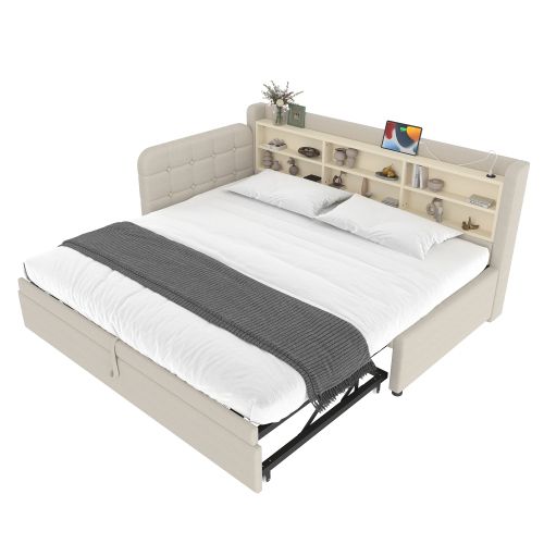 Lit Gigogne 90/180x200 Cm, Avec Sommier à Lattes Et Ports USB Et Type-c, En Lin, Beige