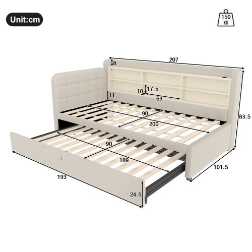 Lit Gigogne 90/180x200 Cm, Avec Sommier à Lattes Et Ports USB Et Type-c, En Lin, Beige