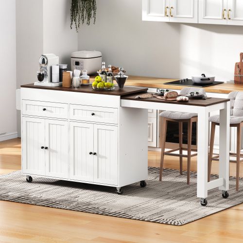 Desserte De Cuisine à 7 Roulettes Avec Plateau Extensible, En Mdf, Blanc Et Noyer