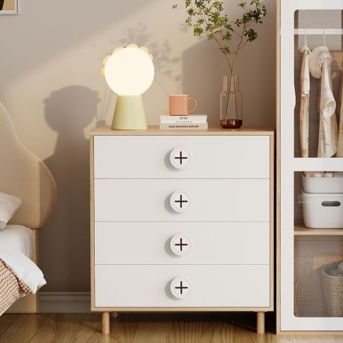 Table De Chevet 80x54x90 Cm Avec 4 Tiroirs, Blanc Et Bois Naturel