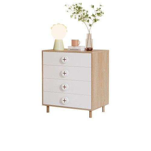 Table De Chevet 80x54x90 Cm Avec 4 Tiroirs, Blanc Et Bois Naturel