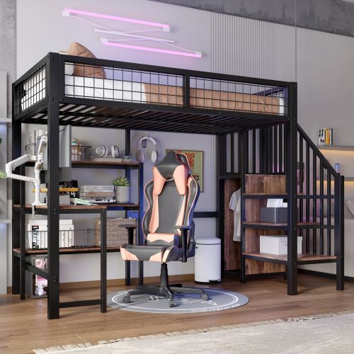Lit Mezzanine 90x200 Cm Avec Bureau Et Armoire, En Bois, Noir