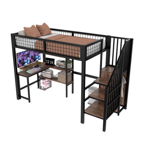 Lit Mezzanine 90x200 Cm Avec Bureau Et Armoire, En Bois, Noir