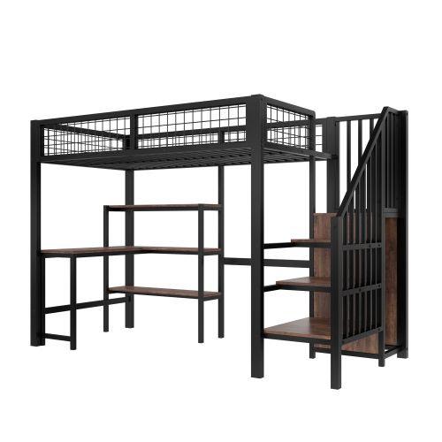 Lit Mezzanine 90x200 Cm Avec Bureau Et Armoire, En Bois, Noir