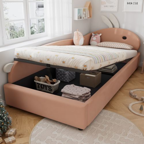 Lit Coffre Enfant 90x200 Cm, Lit Simple, Tête De Lit Lapin, En Velours, Rouge