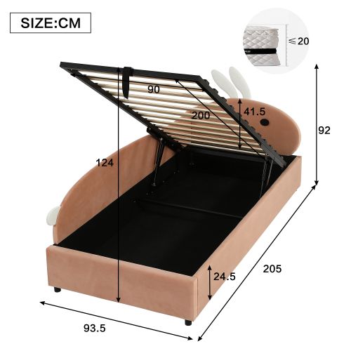 Lit Coffre Enfant 90x200 Cm, Lit Simple, Tête De Lit Lapin, En Velours, Rouge