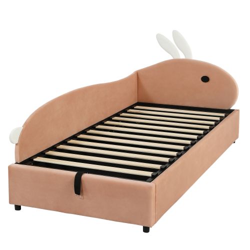 Lit Coffre Enfant 90x200 Cm, Lit Simple, Tête De Lit Lapin, En Velours, Rouge