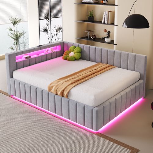 Lit Coffre 140x200 Cm, Tête De Lit Rembourrée Avec LED Et Ports USB, En Velours Gris